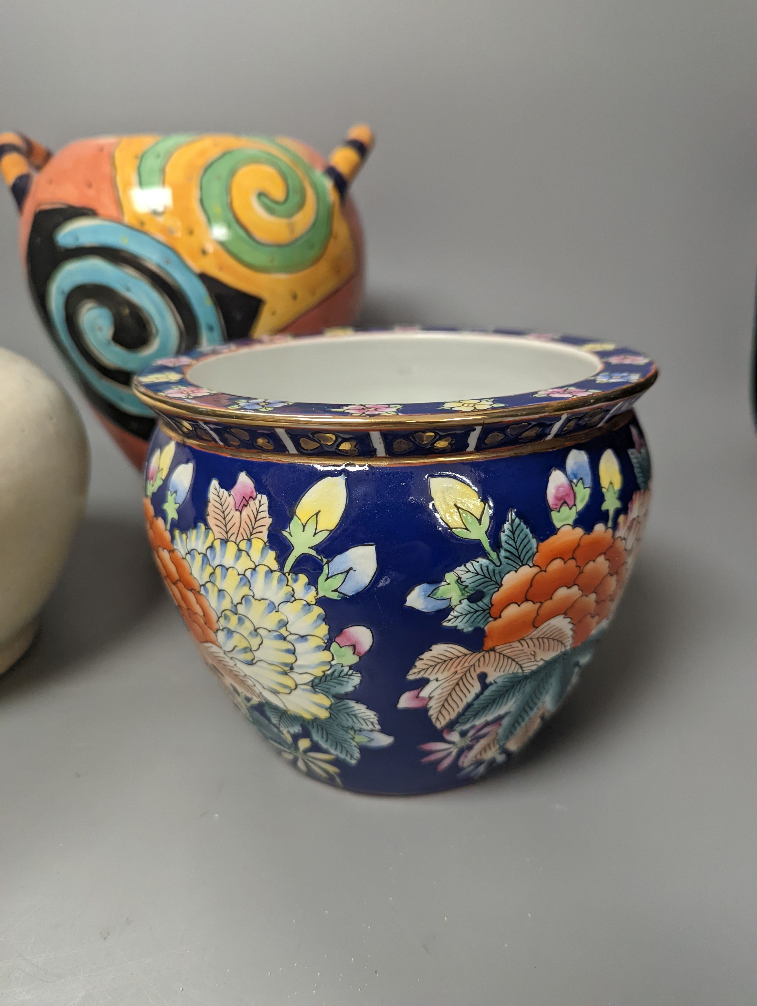 A cream glazed stoneware vase, initialled NKV, 15cm, a Jane Willingale Loudware vase, and a small Chinese Jardiniere